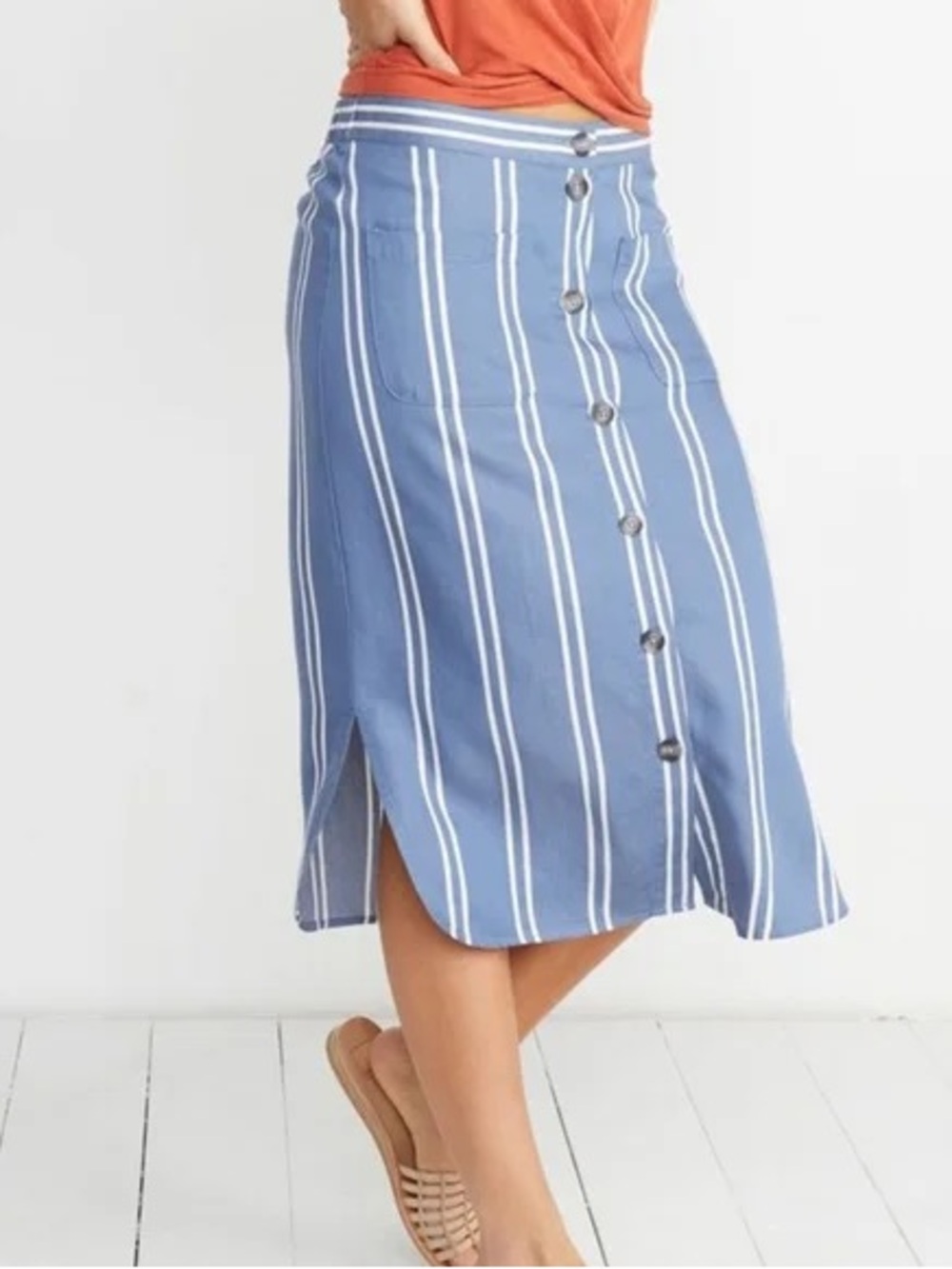 Blue Striped Button-Front Midi Skirt